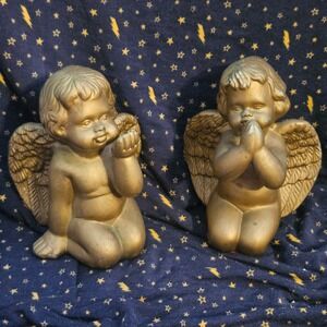 CAFFCO Angel Figurines Kneeling‎ Gold Cherub Pair Vintage Decor Set